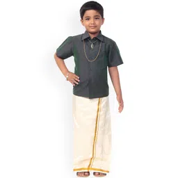 Thala-thalapathy Boys Green & Off-White Solid Shirt with Veshti & Towel With Gift Set-picture-10