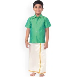 Thala-thalapathy Boys Green & White Solid Shirt and Veshti-picture-34