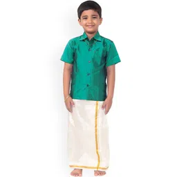 Thala-thalapathy Boys Green Solid Shirt With Off-White Veshti & Towel With Gift Set-picture-16
