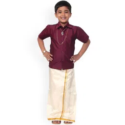 Thala-thalapathy Boys Maroon & White Solid Shirt and Veshti-picture-25