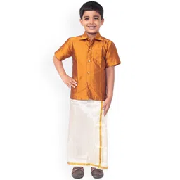 Thala-thalapathy Boys Mustard Yellow & White Solid Shirt with Veshti & Towel With Gift Set-picture-31