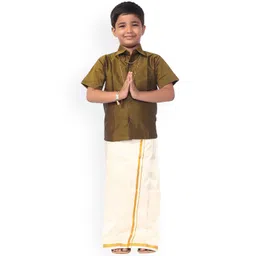 Thala-thalapathy Boys Olive-Green & Off-White Solid Shirt with Veshti & Towel With Gift Set-picture-26