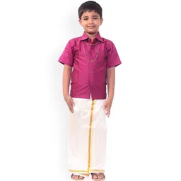 Thala-thalapathy Boys Pink & & Off-White Solid Shirt with Veshti & Towel With Gift Set-picture-14