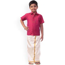 Thala-thalapathy Boys Pink & White Solid Shirt with Veshti & Gift-picture-16