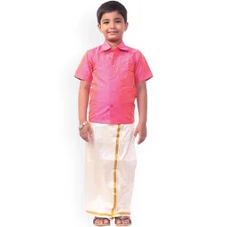 Thala-thalapathy Boys Pink Solid Shirt with Veshti & Gift Set image 1