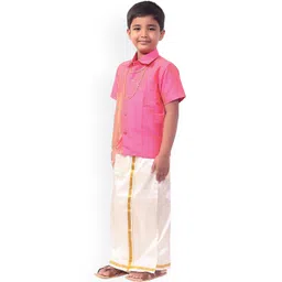 Thala-thalapathy Boys Pink Solid Shirt with Veshti & Gift Set image 2