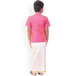 Thala-thalapathy Boys Pink Solid Shirt with Veshti & Gift Set image 3
