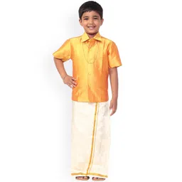 Thala-thalapathy Boys Yellow & Off-White Solid Shirt with Veshti & Towel With Gift Set-picture-13