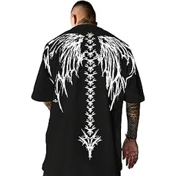 thalasi Men Cotton Printed Aesthetic Oversized Tshirt for Men - Black T Shirt for Men Stylish | Half Sleeve Oversize Fit Round Neck Tshirts - Down Shoulder & Baggy Fit Korean Tshirts for Man & Boys-picture-12