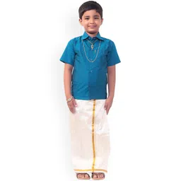 Thangamagan Boys Blue & White Solid Shirt and Veshti-picture-25