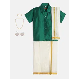 THANGAMAGAN Boys Dark Green Shirt with Self-attaching Dhoti, Towel And Freebies Set-picture-22