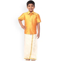 Thangamagan Boys Gold-Colored & Off-White Solid Shirt and Veshti-picture-27