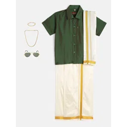THANGAMAGAN Boys Green & Cream-Coloured Solid Shirt with Dhoti Pants & Freebies Set-picture-29