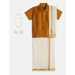THANGAMAGAN Boys Mustard Shirt with Self-attaching Dhoti, Towel And Freebies Set-picture-32