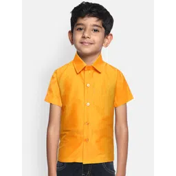 THANGAMAGAN Boys Mustard Yellow Regular Fit Solid Ethnic Silk Shirt-picture-47