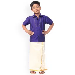 Thangamagan Boys Navy Blue & Off- White Solid Shirt and Veshti-picture-38