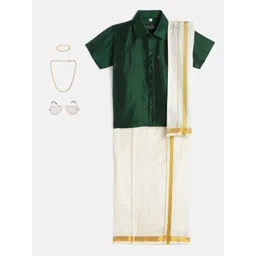 THANGAMAGAN Boys Olive Green & Cream-Coloured Shirt - Lungi - Angavastram & Accessories-picture-28