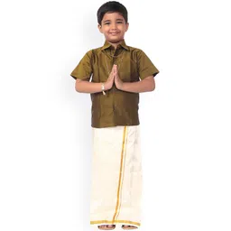 Thangamagan Boys Olive Green & Cream-Coloured Solid Shirt With Veshti-picture-34