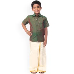 Thangamagan Boys Olive Green & White Solid Shirt and Veshti-picture-26