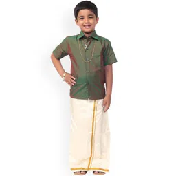 Thangamagan Boys Olive Green & White Solid Shirt and Veshti-picture-12