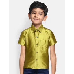 THANGAMAGAN Boys Olive Green Regular Fit Solid Ethnic Silk Shirt-picture-16