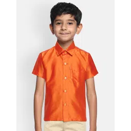 THANGAMAGAN Boys Orange Regular Fit Solid Ethnic Silk Shirt-picture-36