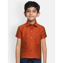 THANGAMAGAN Boys Orange Regular Fit Solid Ethnic Silk Shirt-picture-58