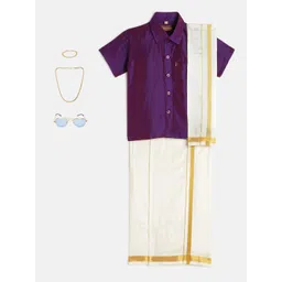 THANGAMAGAN Boys Purple & Cream-Coloured Shirt - Lungi - Angavastram & Accessories-picture-20