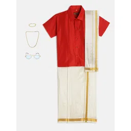 THANGAMAGAN Boys Red & Cream-Coloured Shirt - Lungi - Angavastram & Accessories-picture-27