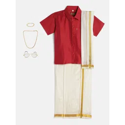 THANGAMAGAN Boys Red & Cream-Coloured Shirt - Lungi - Angavastram & Accessories-picture-17