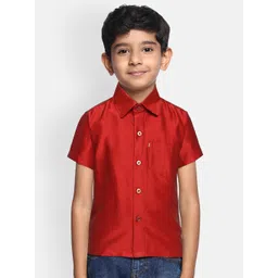 THANGAMAGAN Boys Red Regular Fit Solid Ethnic Silk Shirt-picture-39