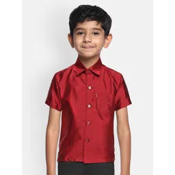 THANGAMAGAN Boys Red Regular Fit Solid Ethnic Silk Shirt-picture-15