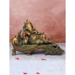 The Advitya Gold-Toned Religious Antique Ganesha Resting On Peacock Couch Idol Showpiece image 1