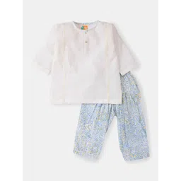 THE BABY LABEL Girls White Blue & Yellow Panelled Pure Cotton Embroidered Kurta & Hand-Block Printed Salwar-picture-36