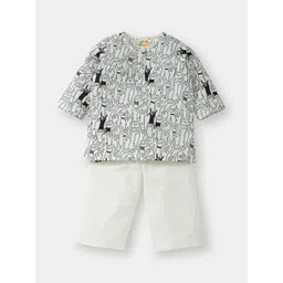 THE BABY LABEL Kids Black & White Hand-Block Rock Star Hand Print Kurta Pajama Set-picture-34