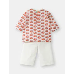 THE BABY LABEL Kids Orange & White Hand-Block Camera Print Kurta Pajama Set-picture-23