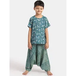 THE BABY LABEL Unisex Kids Green Naturally Dyed Abstract Block Printed Pure Cotton Kurta & Harem Pants image 1