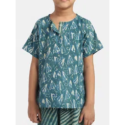 THE BABY LABEL Unisex Kids Green Naturally Dyed Abstract Block Printed Pure Cotton Kurta & Harem Pants image 5