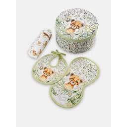 THE BABY TRUNK 3-Pcs White & Green Printed Pure Cotton Feeding Essentials image 1