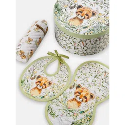 THE BABY TRUNK 3-Pcs White & Green Printed Pure Cotton Feeding Essentials image 3