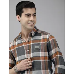 THE BEAR HOUSE Ardor Edition Men Orange Slim Fit Tartan Checked  Pure Cotton Casual Shirt-picture-38