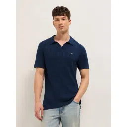 The Bear House Blue Cotton Woven Design Regular Fit Polo T-Shirt-picture-30