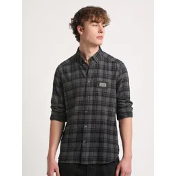 THE BEAR HOUSE Blue Slim Fit Tartan Checked Button Down Collar Pure Cotton Casual Shirt-picture-41