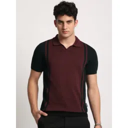 The Bear House Maroon Cotton Slim Fit Striped Polo T-Shirt-picture-37
