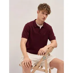 The Bear House Maroon Slim Fit Self Design Polo T-Shirt-picture-16