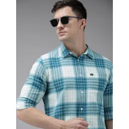THE BEAR HOUSE Men Blue & White Pure Cotton Slim Fit Tartan Checks Checked Casual Shirt-picture-40