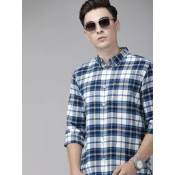 THE BEAR HOUSE Men Blue & White Slim Fit Tartan Checks Checked Pure Cotton Casual Shirt-picture-41