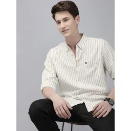 THE BEAR HOUSE Men Cream-Coloured Cotton Slim Fit Pinstripes Striped Casual Shirt-picture-11