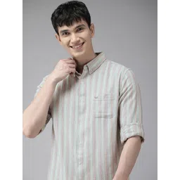 THE BEAR HOUSE Men Grey & Pink Slim Fit Striped Casual Shirt-picture-34