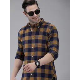 THE BEAR HOUSE Men Mustard Yellow Slim Fit Checked Flannel Pure Cotton Casual Shirt-picture-37